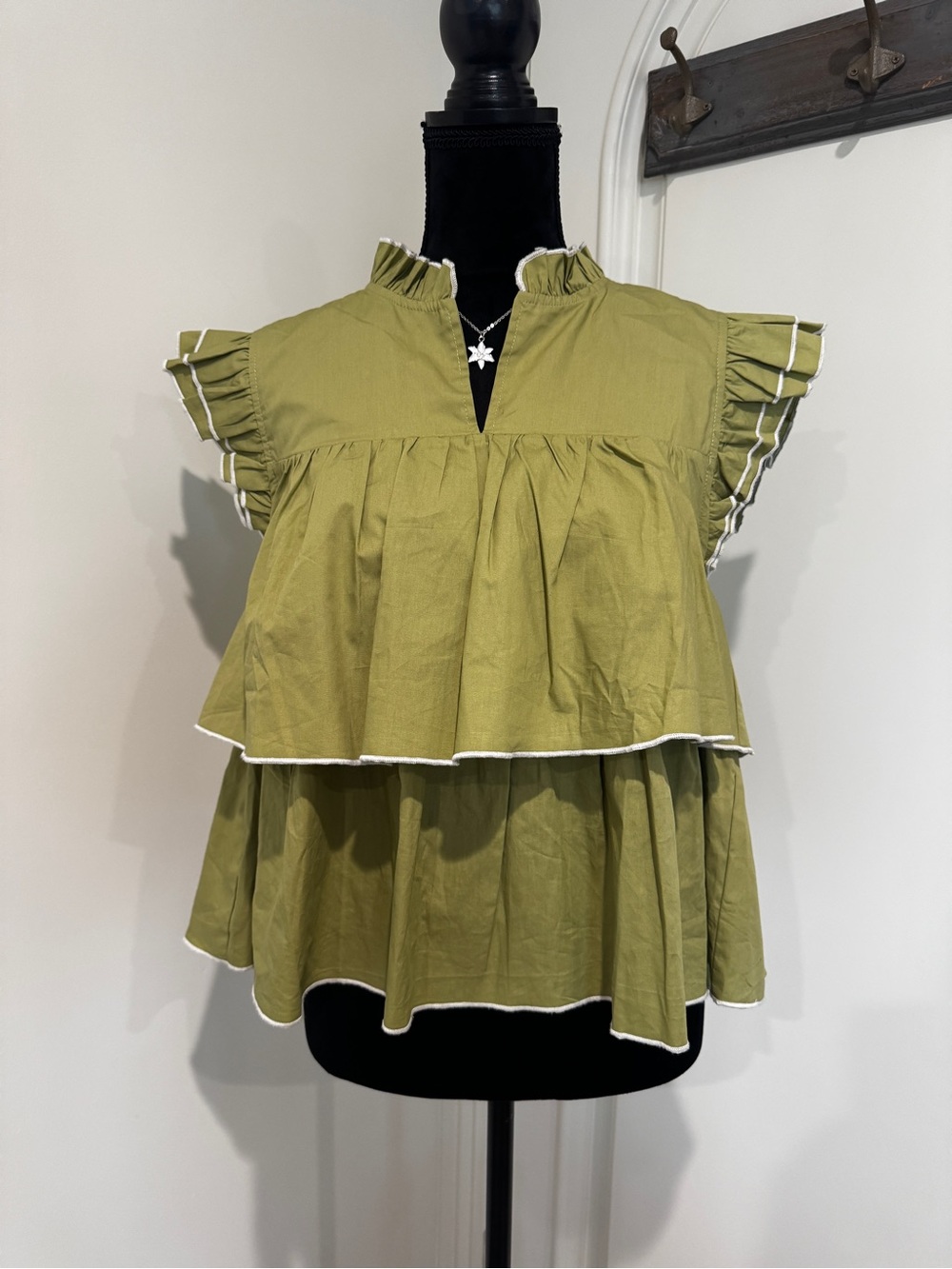 English Factory Olive Green Tiered Ruffle Top with White Trim